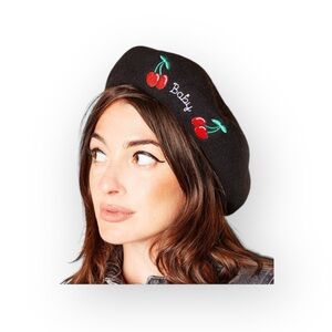 VHTF: Valfre ☻︎ Cherry Bomb Baby Embroidery Wool French Beret ☻︎ Black XS S M L